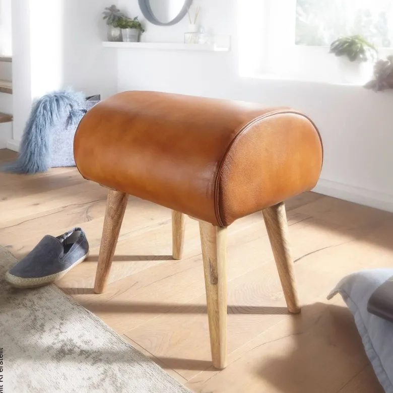 Wohnling Sitzhocker braun natur Leder Echtholz B/H/T: ca. 45x53x40 cm