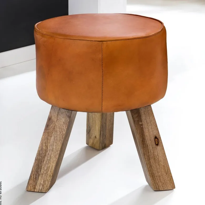 Wohnling Sitzhocker braun natur Leder Echtholz B/H/T: ca. 37x45x37 cm