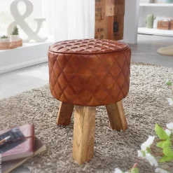 Wohnling Sitzhocker braun natur Leder Echtholz B/H/T: ca. 35x46x35 cm