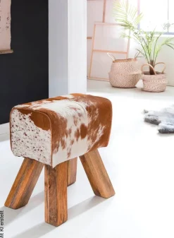Wohnling Sitzhocker natur natur Leder Echtholz B/H/T: ca. 40x47x25 cm
