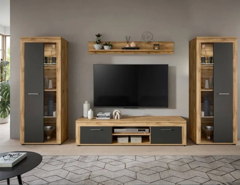 Wohnwand Jam Eiche Wotan Nachbildung grau B/H/T: ca. 310x159x35 cm
