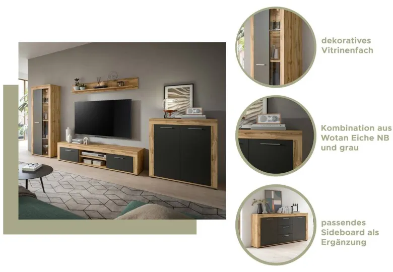 Wohnwand Jam Eiche Wotan Nachbildung grau B/H/T: ca. 310x159x35 cm