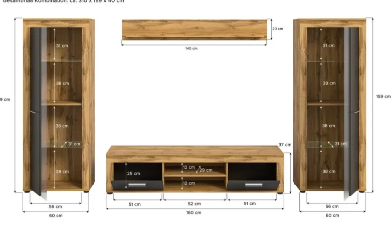 Wohnwand Jam Eiche Wotan Nachbildung grau B/H/T: ca. 310x159x35 cm