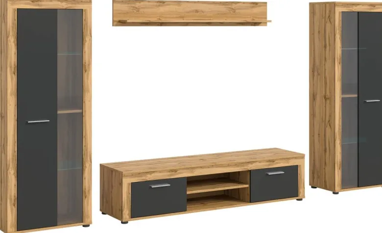 Wohnwand Jam Eiche Wotan Nachbildung grau B/H/T: ca. 310x159x35 cm
