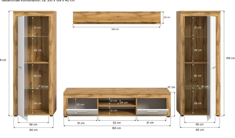 Wohnwand Jam Eiche Wotan Nachbildung weiß B/H/T: ca. 310x159x35 cm