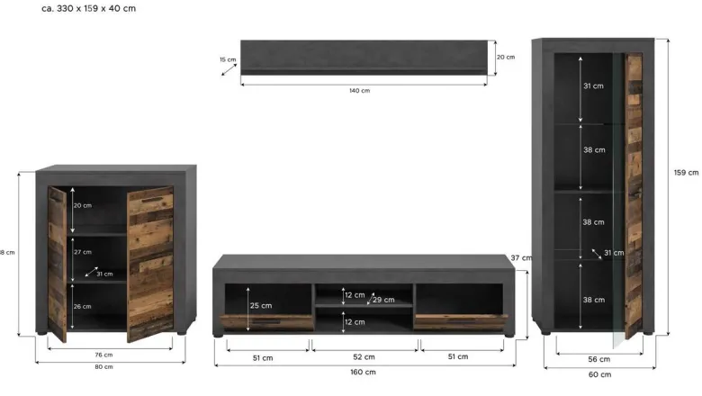 Wohnwand Jam Matera Nachbildung Old Wood Nachbildung B/H/T: ca. 159x330x35 cm