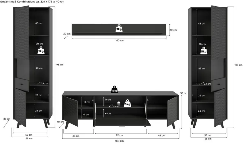 Wohnwand LINEA grau schwarz B/H/T: ca. 331x195x40 cm