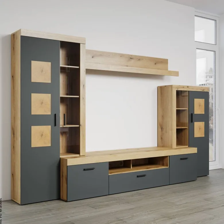 Wohnwand Tyler Eiche Evoke Coast Nachbildung anthrazit B/H/T: ca. 331x206x50 cm